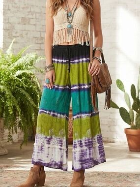 Boho Tie-Dye Wide-Leg Rayon Pants in Green & Teal